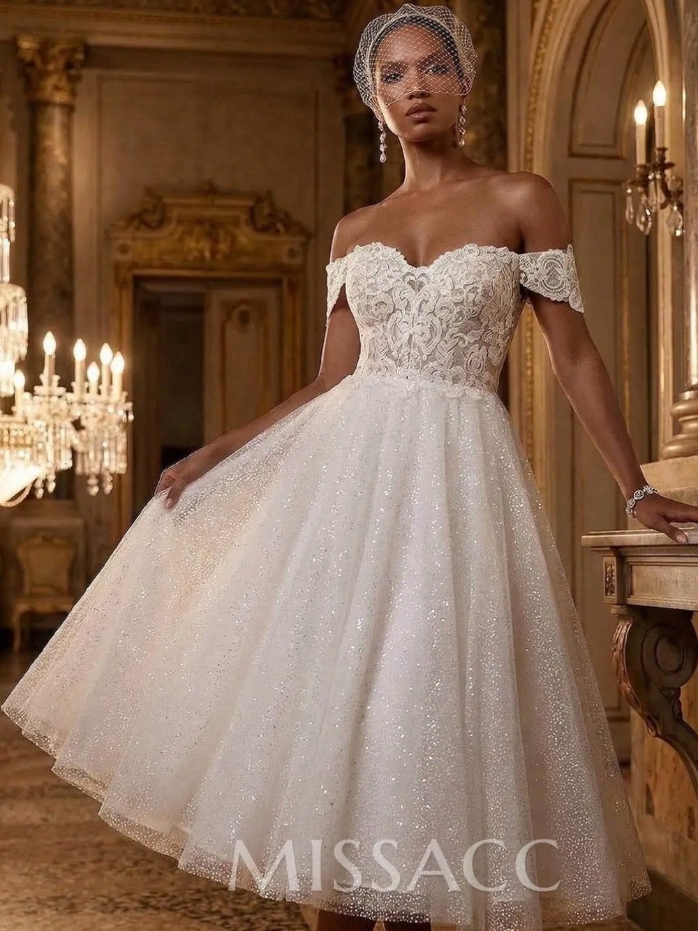 Off-Shoulder Sparkle Tulle Tea-Length Wedding Dress - White
